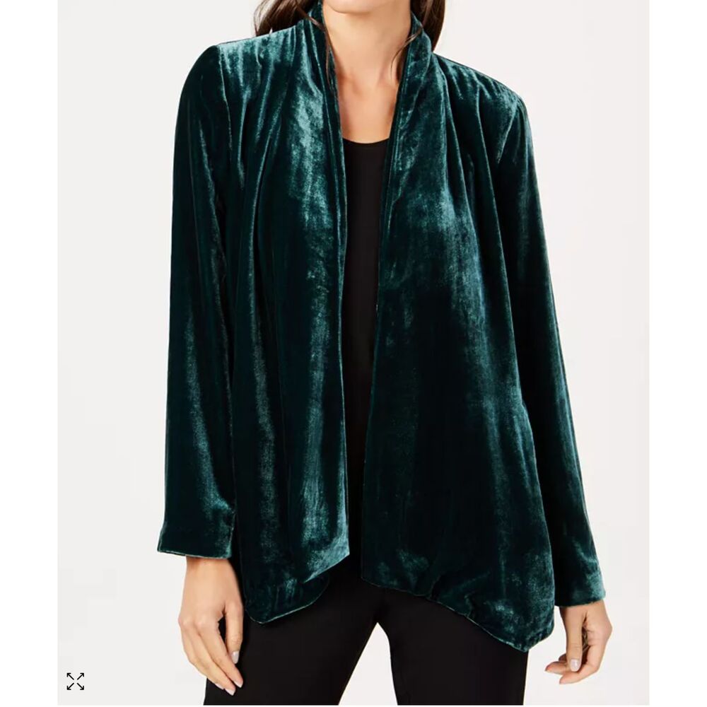 Eileen Fisher Silk Lined Velvet Pine Emerald Green Open Jacket Cardigan Petite M